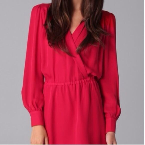 PARKER Silk Long Sleeve Mini Wrap Dress Red S - Picture 4 of 12